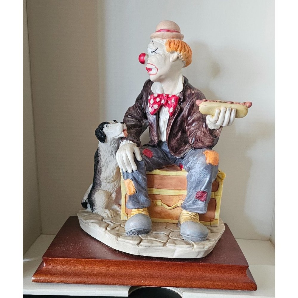 Original Davar Clown on Wood Base 7 1/2" x 6 1/2" With A Dog & Holding A Hot Dog